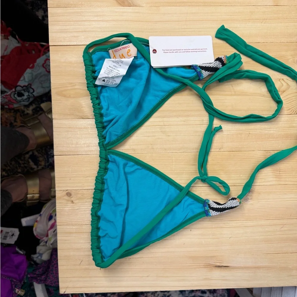 Cecilia Prado Green Zebra Trim Bikini Set Tie Side Swimwear NWT Med/Large